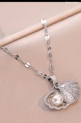 Silver Tone Seashell Charm Pendant Necklace White Pearl Crystal Pavé Accents