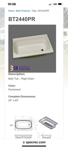 bathtub bt2440pr Rv Motorhome Run Specialty Recreation R Drain Parchment New Che - Picture 1 of 2