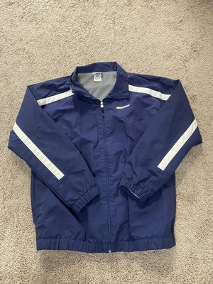 Reebok Jacket Mens Large Blue Windbreaker Full Zip Reflective Stripes Athletic