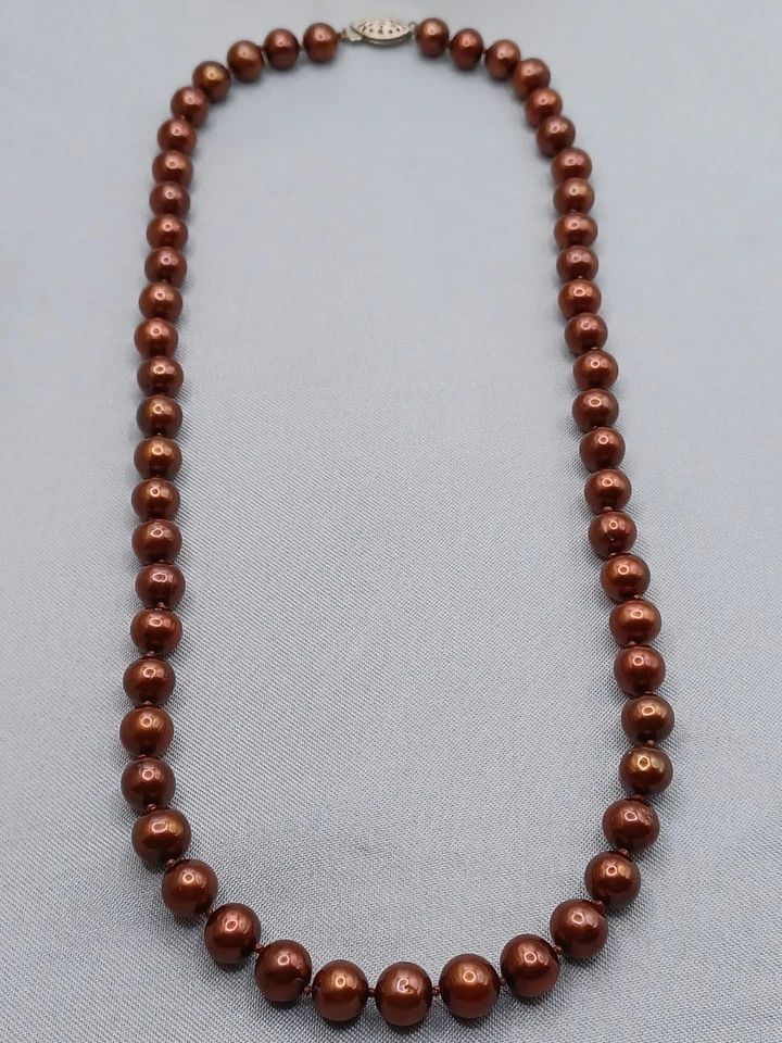 Collar de perlas de chocolate de plata de ley 6 mm marrón/bronce 6 mm anudado a mano 19,5" Foto 2 de 4