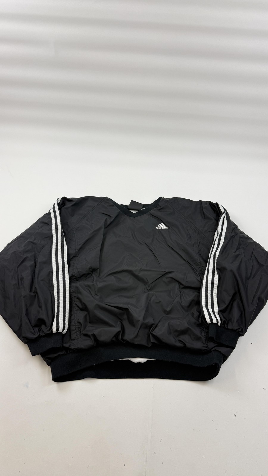 Adidas Team Windbreaker Jacket Mens Large Black V-Neck Pullover 3 Stripes Lined
