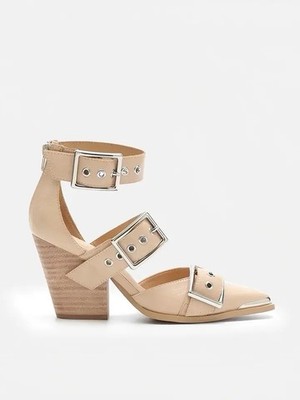 Mi.iM Nude Triple Buckle Block Heel Pumps Pointed Toe Beige Size 8 Chic