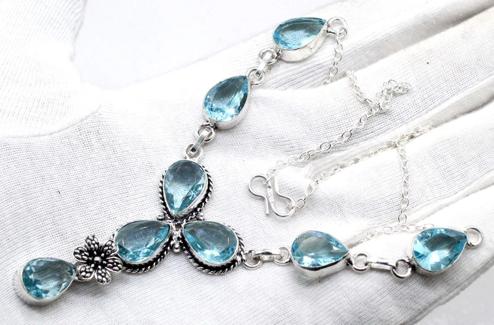 Collar Joyería Plata de Ley 925 Piedras Preciosas Aguamarina Azul Tamaño-17-18" Foto 2 de 4