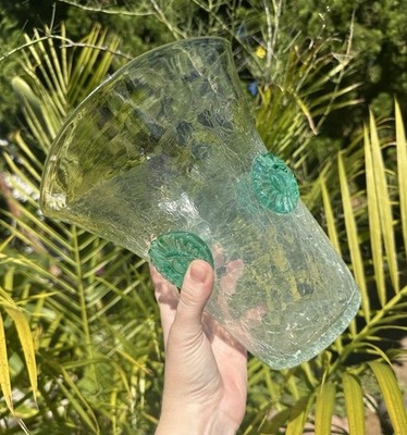 Blenko C-439 ML Handblown Glass Vase   9.5  Tall, 7  Mouth   Mid-Century Crackle