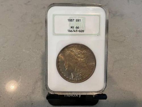 1887 Morgan Silver Dollar S$1 NGC MS66 Golden Tone, Old Fatty Holder