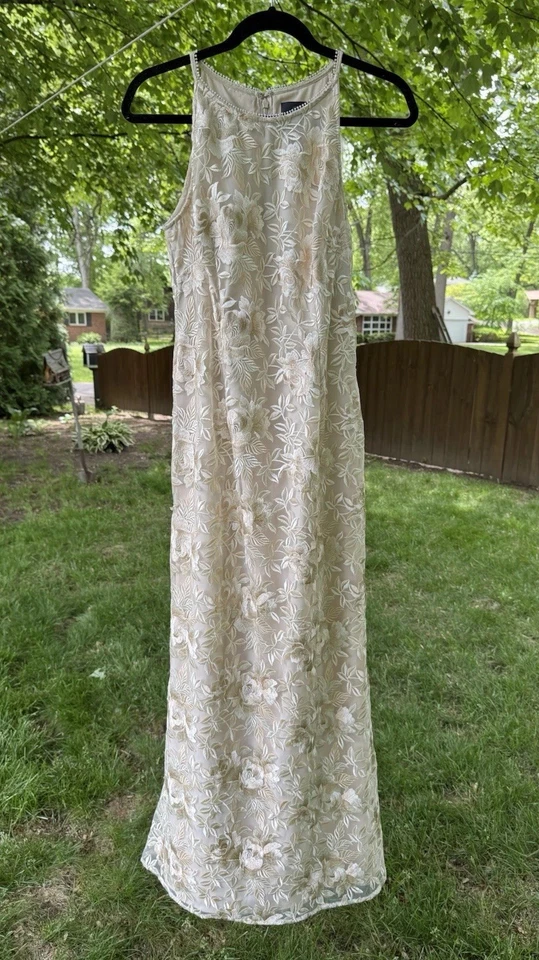 Adrianna Papell Dress Ivory Floral Embroidered Halter Neck Gown Size 8 - Image 4 of 4