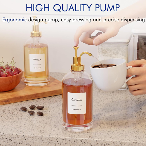 16.9 Oz (500 Ml) Coffee Syrup Dispenser Set- 4 Glass Bottles with Gold Pumper... - Picture 8 of 12