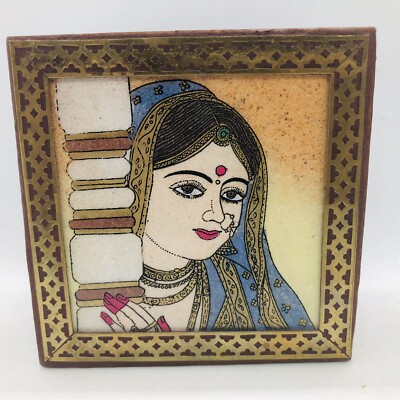Wooden jewelry box with glass gem stone painting and brass border Made In India