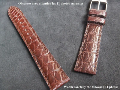 20 MM BRACELET ALLIGATOR VÉRITABLE MARRON COUSU 16 MM A LA BOUCLE  FAIT MAIN - Photo 1/4