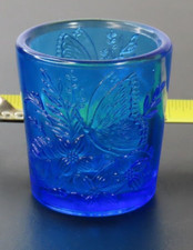 Cobalt Blue Votive Glass Candle Holder Emblossed Butterflies and Flowers 2 1/2"
