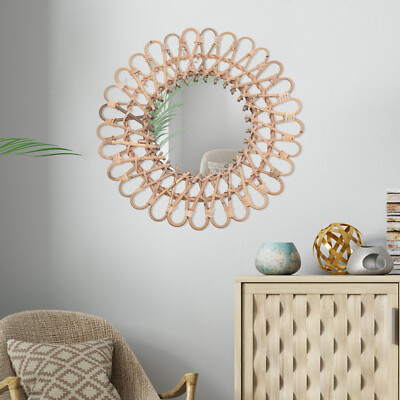 Vintage Handwoven Round Natural Rattan Wall Hanging Mirror For