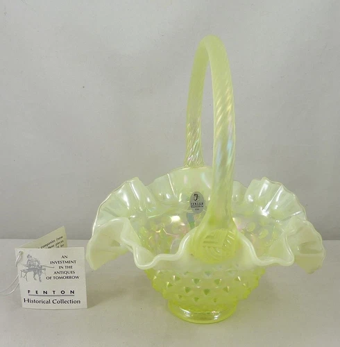 Fenton 1158 TS Iridized Topaz Opalescent Satin Hobnail 8" Basket Uranium Glass
