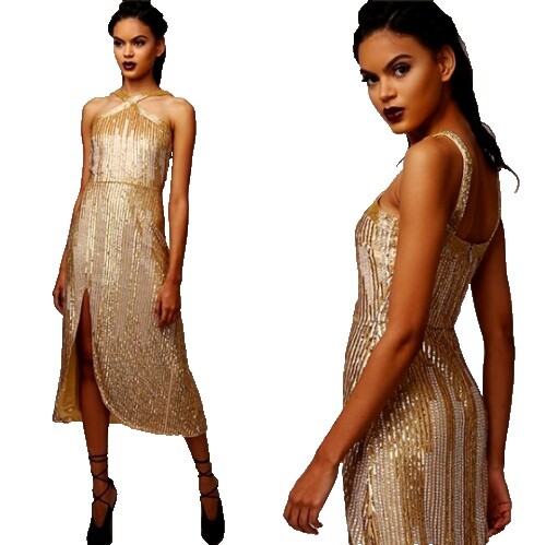 virgos lounge gold dress Virgos Lounge Cream Beaded Sleeveless Evening Dress UK Size 10 – Ava & Iva main image 0