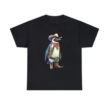 Unisex Adult Animal T Shirt: Brave Cowboy Penguin Western Fashion Tee