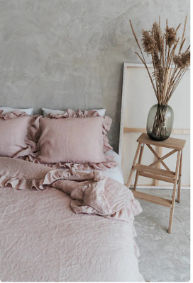 Ruffled Linen Duvet Cover pink grey Bedding Set Boho Queen Duvet Cover