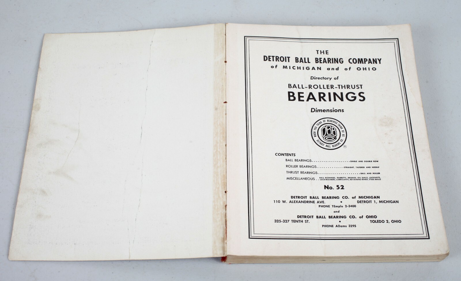 Vintage 1952 Detroit Ball Bearing Co. Directory Roller Thrust Ball Catalog  | eBay