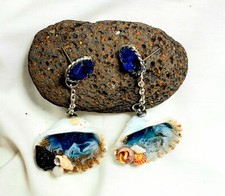 Blue Sea Glass Stud with Shell Beach Scene