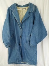 Vintage 1980s BeBe Furrrina Flannel Lined Denim Jean Coat Knee Length Size Large