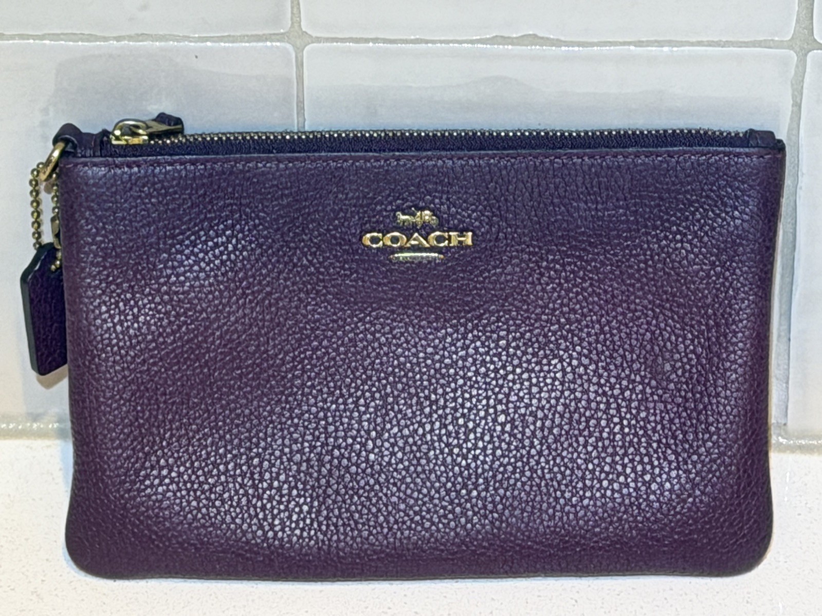 Coach Pebbled Leather Wristlet-Deep Plum / Purple-Gold Tone Hardware