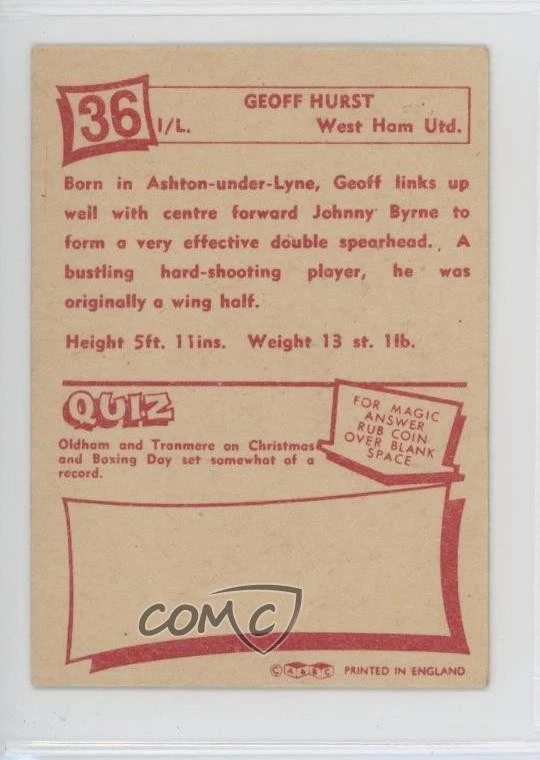 Tarjetas de concurso de fútbol americano 1964-65 A&BC Geoff Hurst #36 Foto 2 de 2
