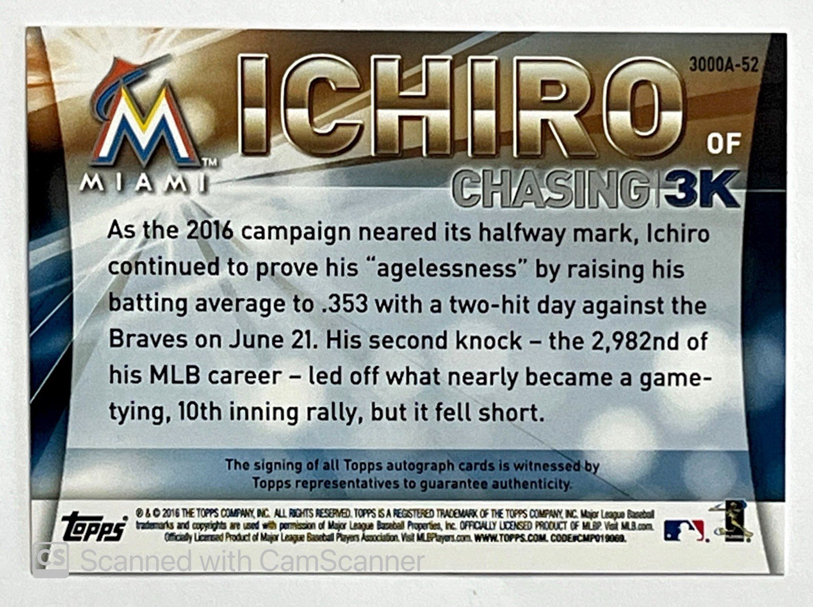 2016 Topps Chasing 3000 Hit 2982 Ichiro Autograph HOF Hall of Fame Auto 1/1 view 2