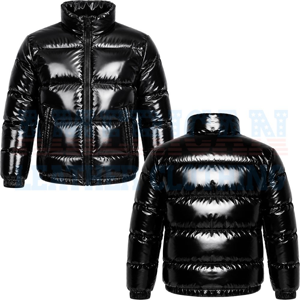 Men's Black Shiny PVC Vinyl Bubble Puffer Bomber Jacket Glossy Waterproof Winter