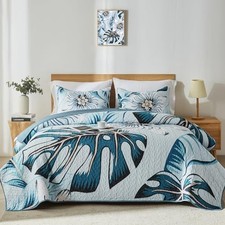 Queen Quilt Bedding Set,White Green Full/Queen 90"x96" Blue White Botanical