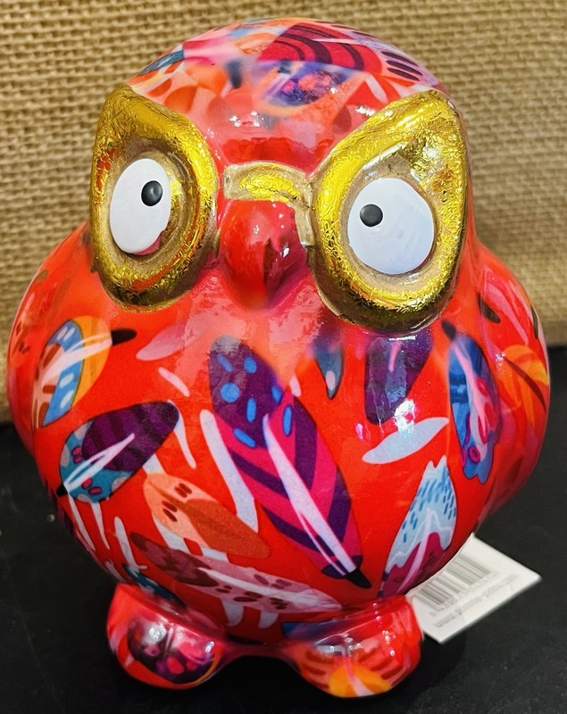 Pomme Pidou 4.5” Coin Bank OWL Red/Feathers Gold Glasses Excellent - New W Tag!
