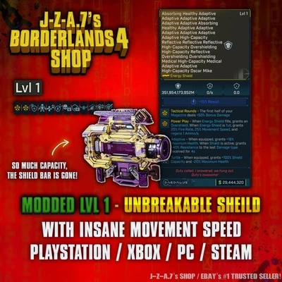 Borderlands 4✨ MODDED LEVEL ONE UNBREAKABLE GOD SHIELD LVL 1 BL4✅PC-PS-XBOX✨