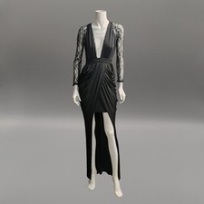 House of CB Black Maxi Dress Lace Sleeve Deep V High Low Evening S 229