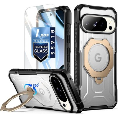 For Pixel 10 /10 Pro Case With Tempered Glass Magnetic Ring Kickstand Cover Gold