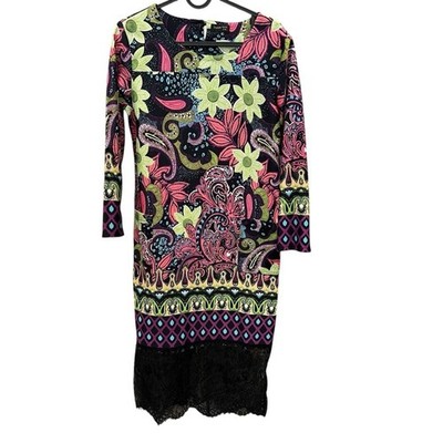 Daysoft M Bright Floral Paisley 3/4 Sleeve Dress Lace Trim Pockets Retro 60s Mod