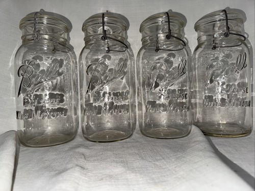 (4) Vintage Ball Eclipse Wide Mouth 1/2 Gallon Wire Bail Glass Jars N Lids 64oz