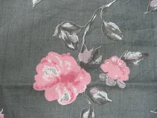 100% Linen Fabric By the Yard Gray with Pink Flowers Print