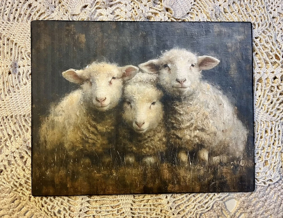 Letrero de tablero de lienzo de ovejas primitivas, tres ovejas rústicas, artista artesanal Foto 3 de 3