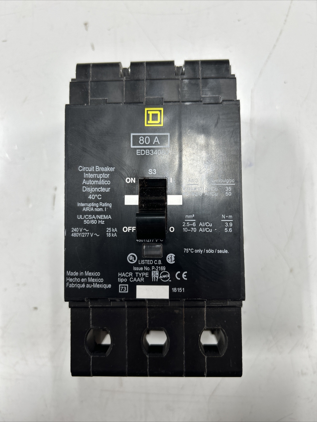 Square D EDB34080 N 80A 480V 3 Poles Miniature Circuit Breaker ...