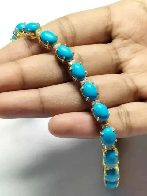 Women Tennis Bracelet 14K Yellow Gold Over 12CT Oval Sleeping Beauty Turquoise - Image 3 of 4