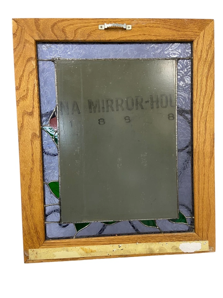 Hermoso Espejo de Vidrieras Hecho a Mano Rojo Rosa Verde Hojas Violeta Boarder Roble Foto 4 de 4