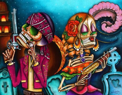 Outlaw Love Dave Sanchez Art Canvas Giclee Print 5 Sizes Day of The Dead Pistols