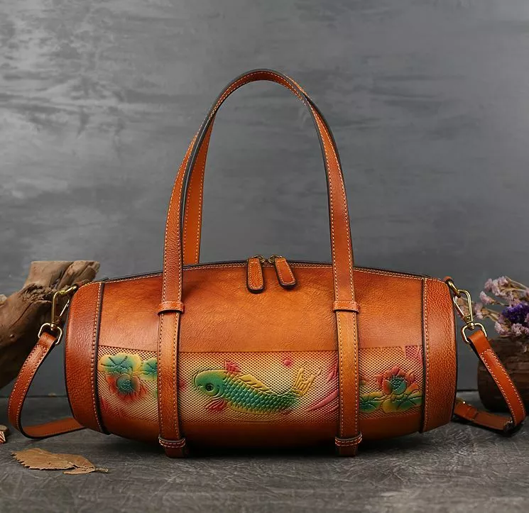 Women Genuine Cow Leather Shoulder Bag Purse Embossed Wine Barrel Bag Crossbody