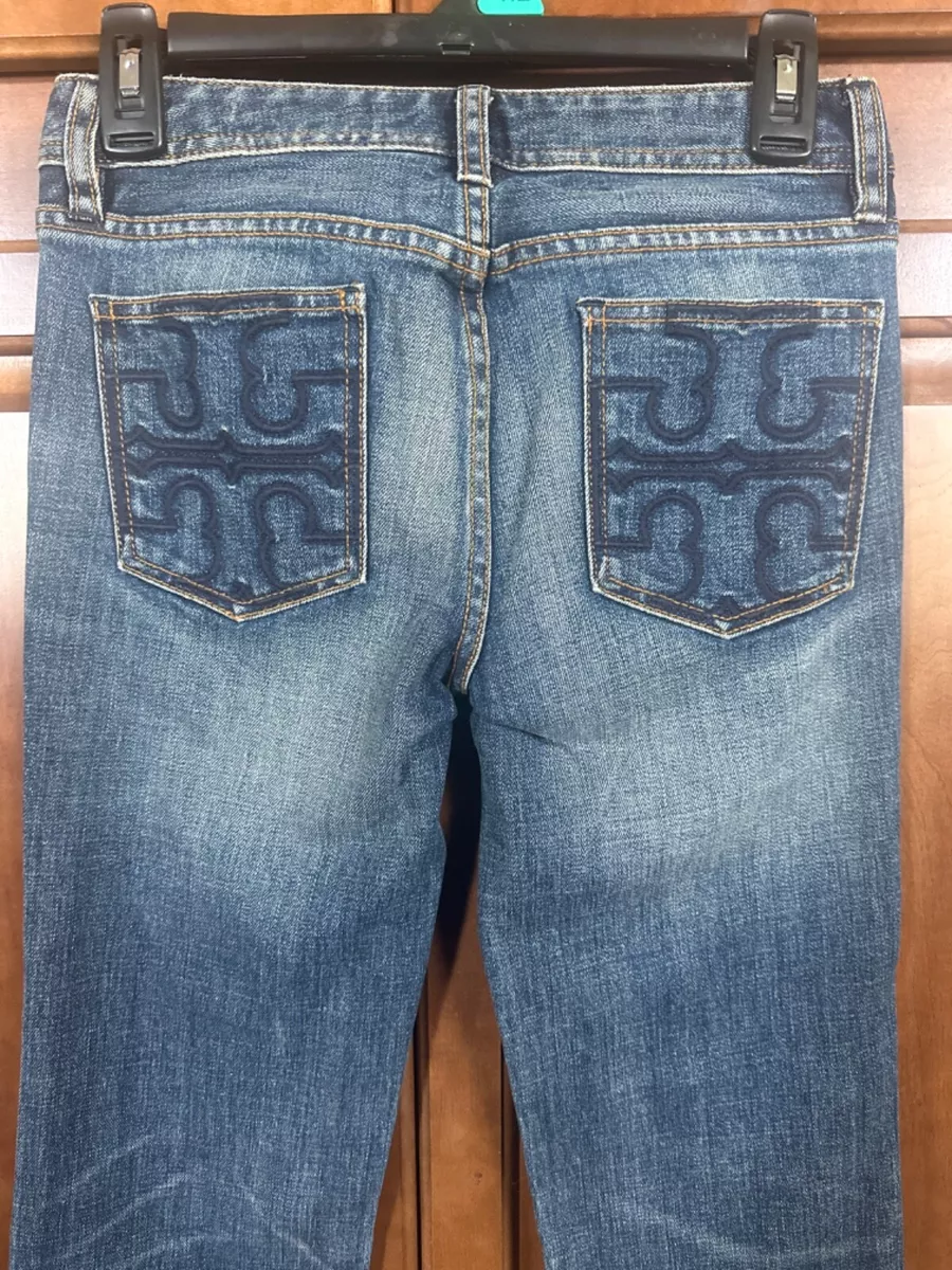 Tory Burch Classic Tory Boot Jeans Low Rise Embroidered Logo Pockets Sz 25