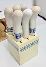 6 Vintage Set of Cheese /Butter Spreaders  w/ Block  White & Blue Ceramic
