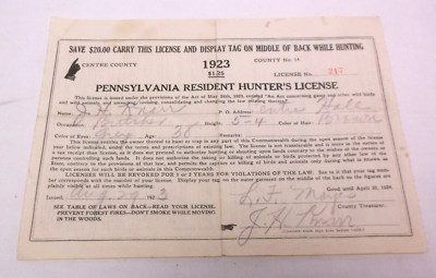 1923 Centre County Pennsylvania Resident Hunters License Summary Paper