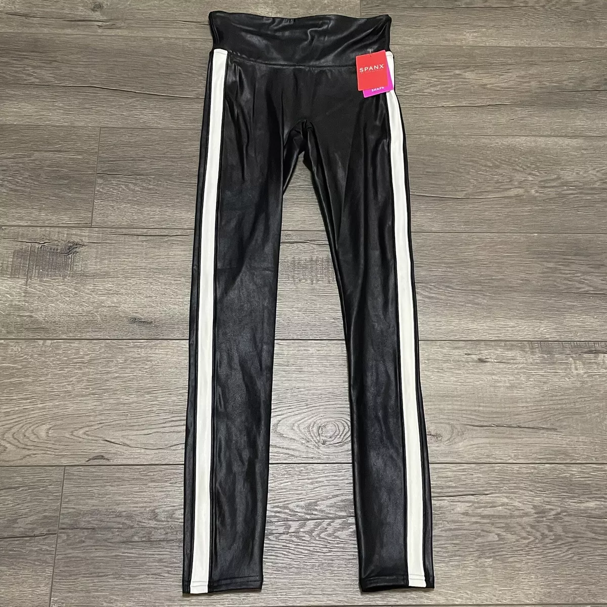 SPANX Black Faux Leather Leggings With White Stripe up The Side