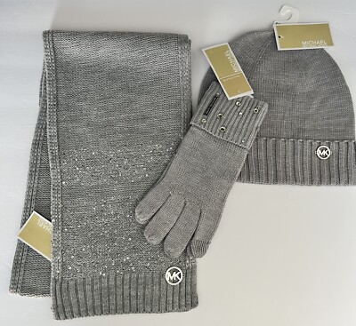 $184 Michael Kors 3-Piece Set SCARF, HAT GLOVES Mk Logo
