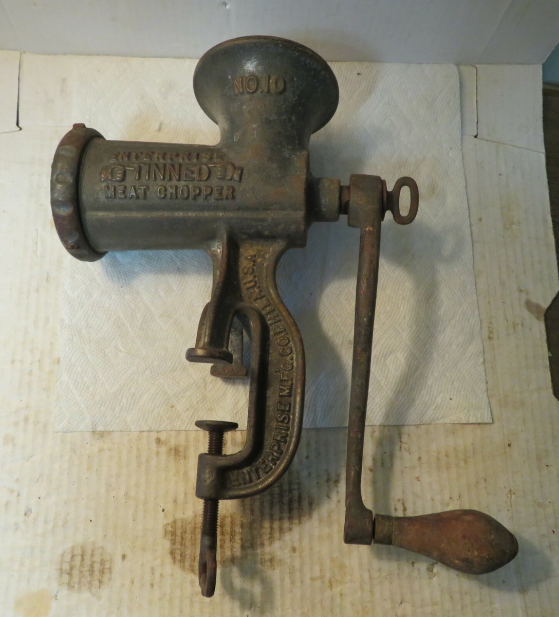 vintage an・an no.10 Antique Enterprise No.10 Tinned Meat Chopper Grinder Metal Wood