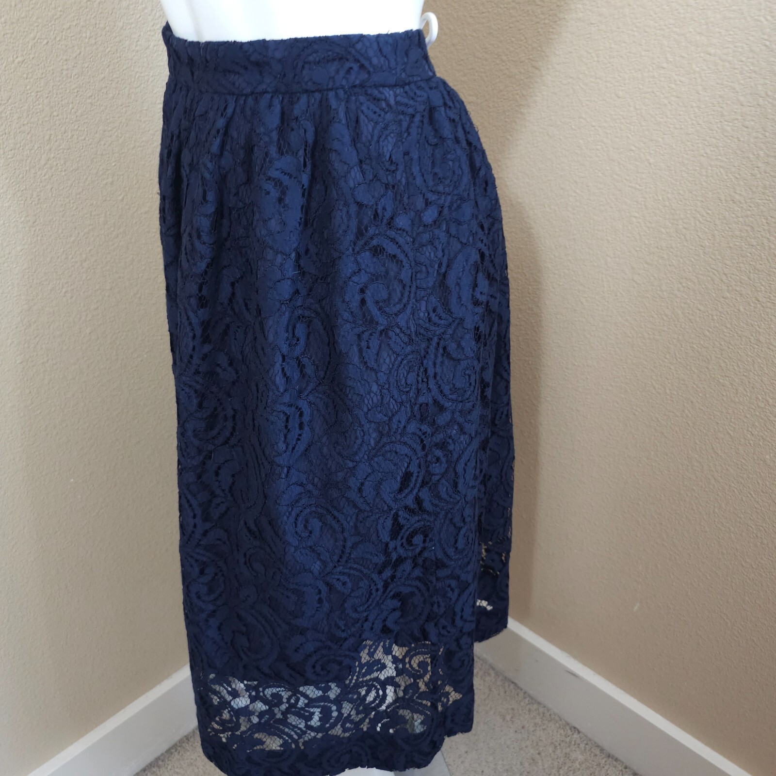 Navy Lined Lace Midi Skirt~Size