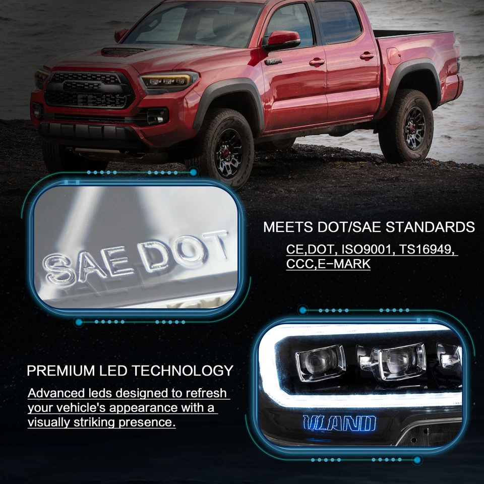 VLAND LED Head Lights Clear Reflector for 2016-2023 Toyota Tacoma W/Sequential - Image 4 of 4