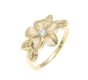 Authentic YELLOW GOLD PLATED SILVER 925 HAWAIIAN PLUMERIA FLOWER MAILE LEAF LEAVES RING CZ