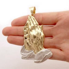 10k Two-Tone Gold Textured Diamond-Cut Praying Hands Pendant 1.18"-4"